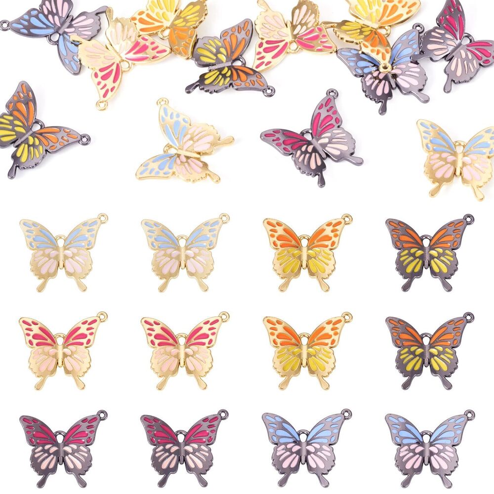 9956 12Pcs Enamel Butterfly Pendant Charms Colorful Butterflies Metal